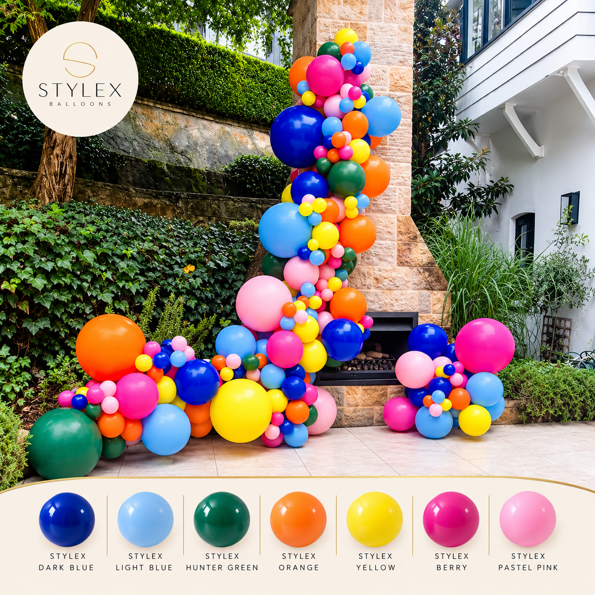 Organic balloon garland built from Stylex latex balloons in mixed sizes
