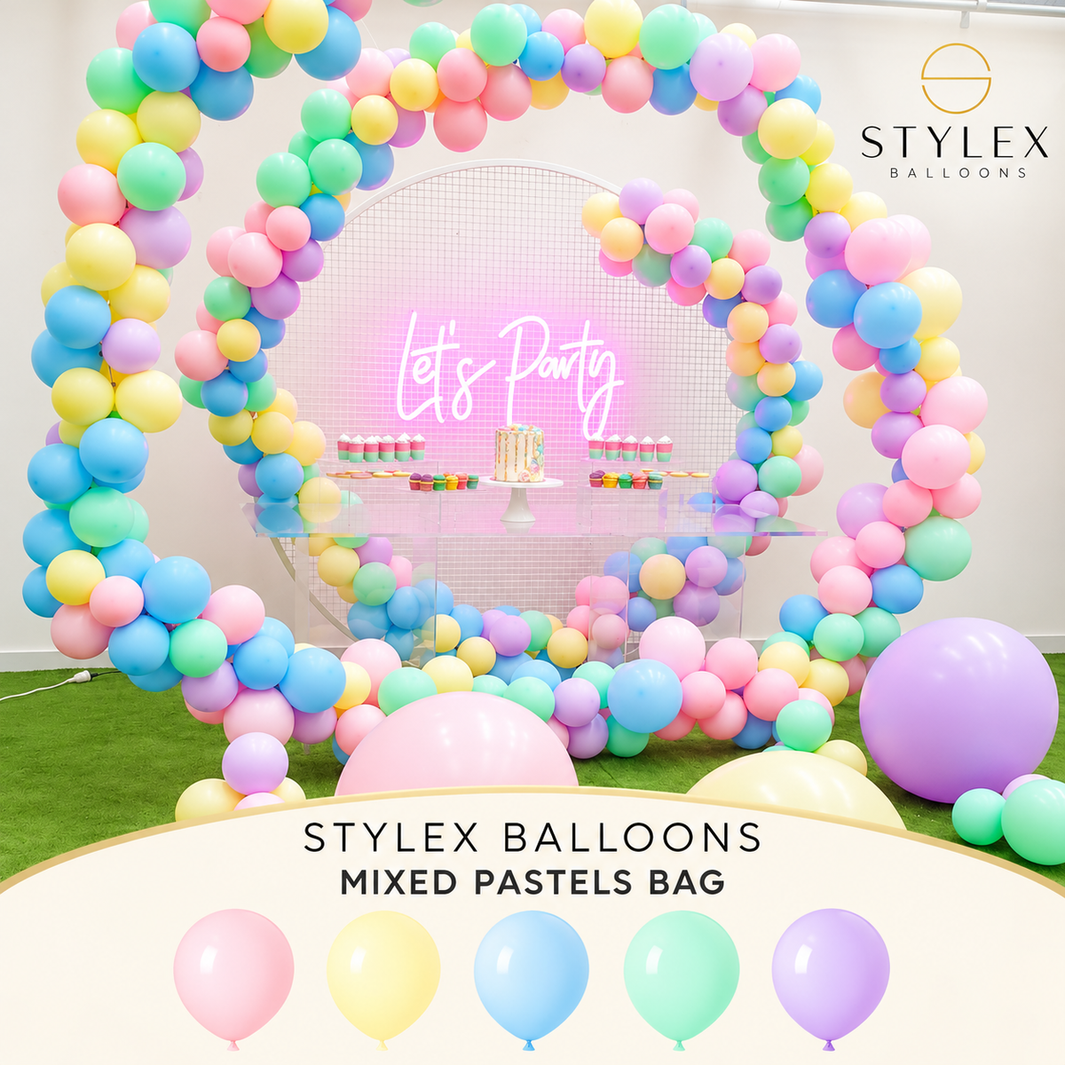 Stylex latex balloon display in mixed sizes and pastel colours
